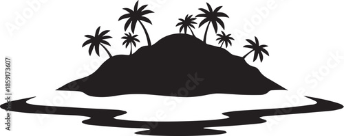 Tropical island silhouette with palm trees and water reflection art