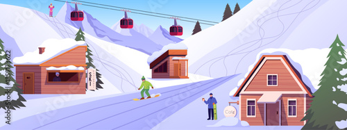Winter resort with characters, buildings, mountain scenery, and a cable car.