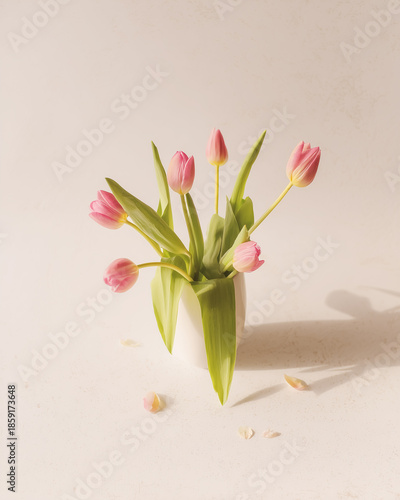 Close-up of colorful tulips on a soft beige background
