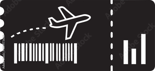 Flight ticket boarding pass with plane silhouette and barcode icon