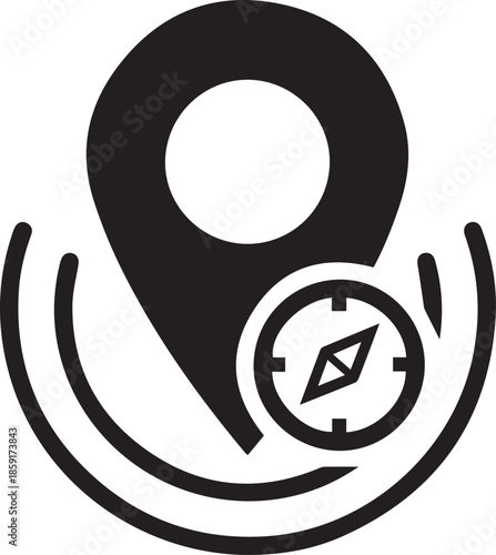 Location pin icon with compass and signal waves for navigation