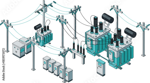 High voltage electric power substation with transformers and utility poles for energy distribution, isometric vector illustration of electrical infrastructure on white background