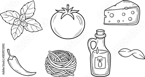 Mediterranean food set. Minimalist hand drawn food and drinks collection. Set of doodles, rough simple Italian cuisine food sketches. Vector illustration