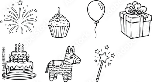 Collection of hand drawn doodle elements for fun party celebration and birthday events