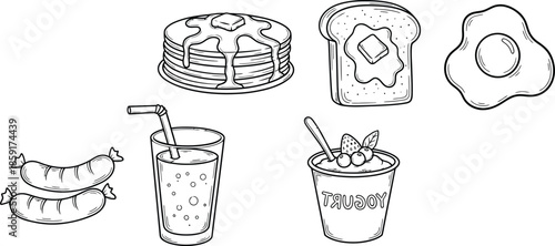 Breakfast doodle illustration set. Hand drawn food elements for morning meal designs. Cute vector sketch of coffee, eggs, croissant, jam, fruits, toast, waffles, breads 
