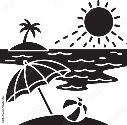Tropical beach scene with sun umbrella palm tree and ocean waves