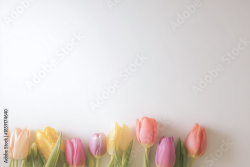 Colorful tulips lined up at the bottom with a beige background and copy space

