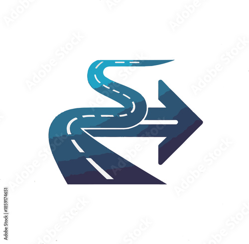 Blue and white arrow sign with a winding road on a white background