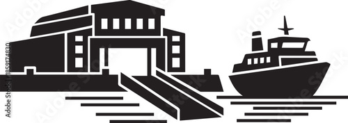 Ferry boat docked at a port building with water waves travel