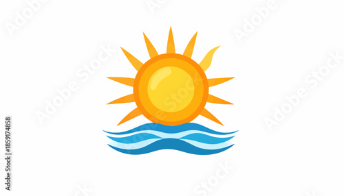Bright yellow sun with radiating rays rising above blue ocean waves, a simple graphic illustration.