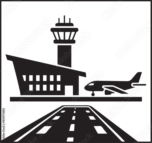 Airport terminal building icon with control tower and runway plane