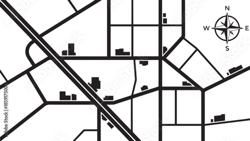 City map with roads buildings and compass showing directions north