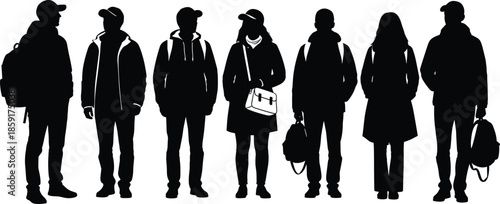 Casual people silhouette, standing group, diverse individuals, jackets, hats, backpacks, urban style, black and white, vector illustration, street fashion concept