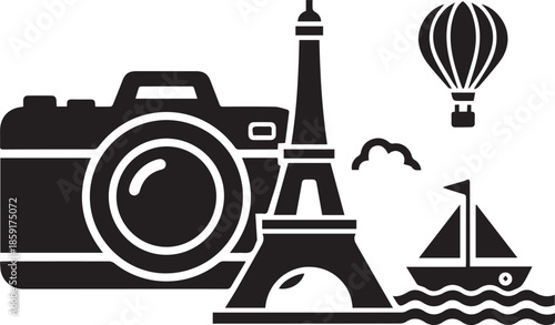 Parisian icon Eiffel tower with camera hot air balloon sailboat