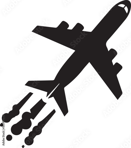 Airplane flying with smoke coming out of engines on transparent