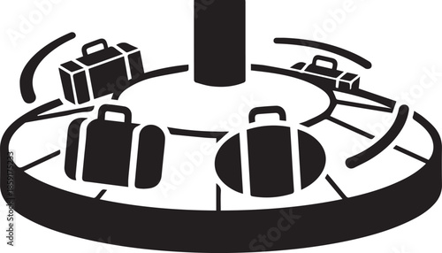 Baggage claim carousel conveyor with spinning luggage suitcases airport area