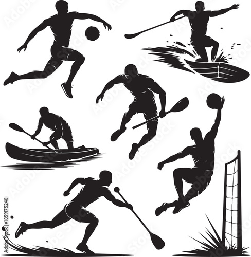Dynamic silhouette illustrations of various sports activities in action