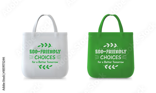 A set of white and green shopping bags with handles and the words "Eco-Friendly Choice." Ecology, shopping, environmental protection. Reusable shopping. Vector. Isolated background.