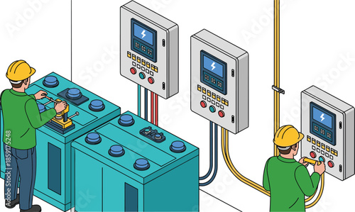 Industrial control room illustration, workers operating electrical panels