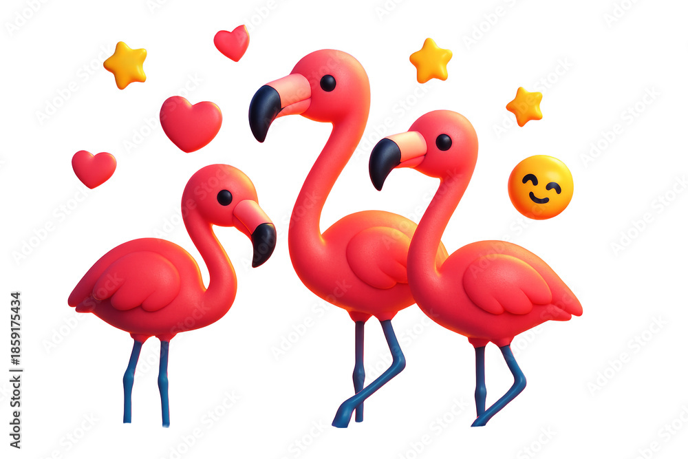 Obraz premium Three pink flamingos in a cute cartoon style with hearts, stars, and a smiling emoji, isolated on a clean white background. Ai generative