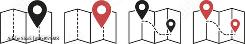Folded paper map icons with GPS location pin and route path, Red and black navigation waypoint markers, Travel destination tracking graphics for UI UX design, Map pointer vector illustration set.