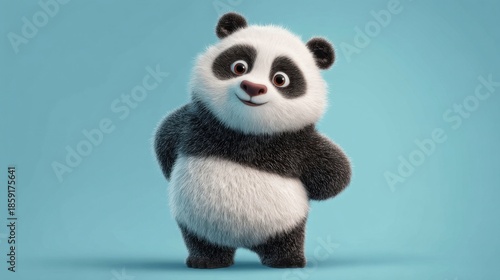 A cute three-dimensional animated panda character stands upright with crossed arms, featuring round cheeks,