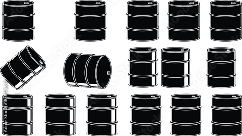 Industrial oil barrels vector illustration, black petroleum containers, energy storage icons, logistics supply chain graphics, fuel industry design, manufacturing resources artwork