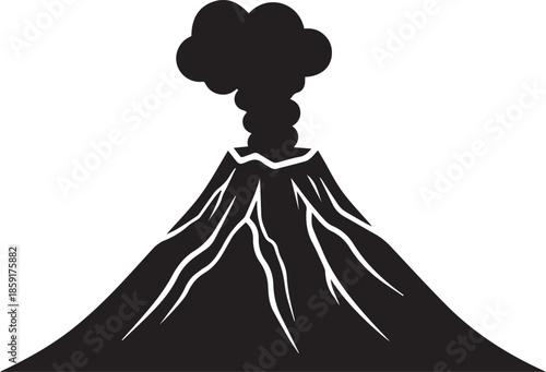Volcano eruption icon with smoke clouds and lava flow path contours