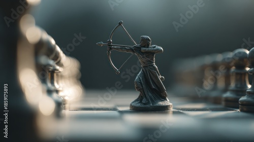 Archer Figurine on Chessboard with Focused Depth of Field Effect