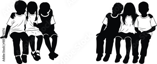Children friendship silhouette illustration showing boys and girls sitting together, happy childhood bonding concept, family love theme, black vector artwork