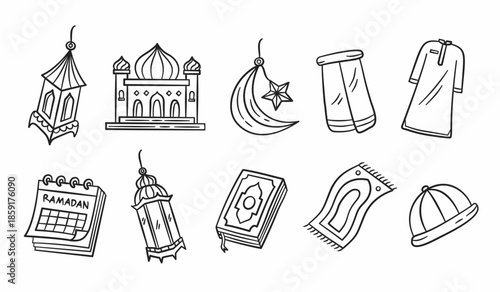 Ramadan hand drawn illustration pack. Set of Islamic doodle vector design elements. Sketch style line art muslim cartoon icon collection containing mosque, quran, prayer mat and cap, sarong, lantern.