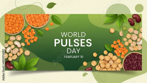 World Pulses Day banner with various legumes and lentils healthy food concept for nutrition and agriculture flat design illustration