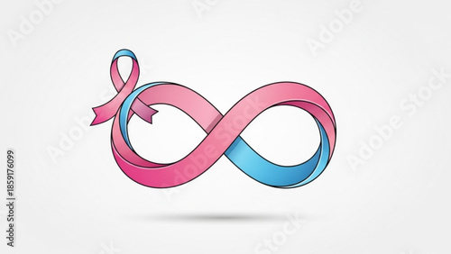 Infinity symbol with pink and blue ribbon representing awareness and support for various causes isolated on white
