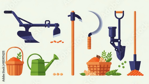 Collection of agricultural tools and harvest icons flat vector illustration for farming and gardening concepts isolated on light backgro