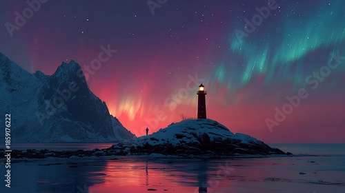 Dreamlike Scenery of Lighthouse with Northern Lights and Snowy Mountains