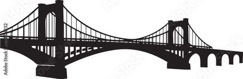 Silhouette of suspension bridge architectural landmark on transparent background