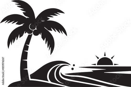 Tropical beach icon with palm tree, ocean wave, and rising sun