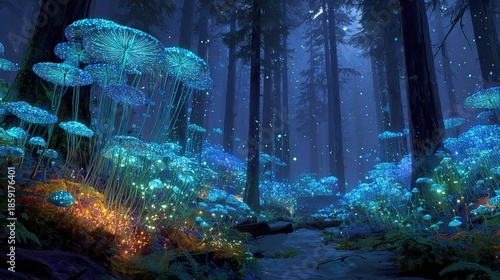Dreamlike Glowing Mushroom Forest Scene with Enchanted Woodland Ambiance
