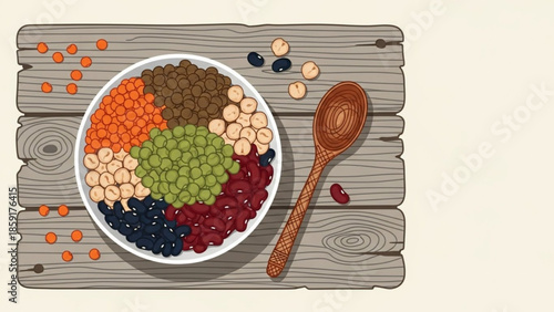 Healthy bowl of mixed legumes and lentils overhead view with wooden spoon on rustic table concept for nutrition and vegetarian food
