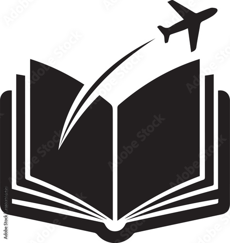 Open book with airplane flying out as concept for travel and adventure