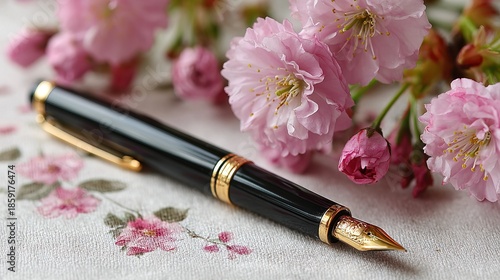 Elegant Fountain Pen with Pink Cherry Blossom Flowers Still Life