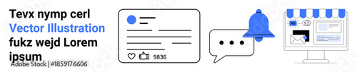 Online communication, social media, digital marketing, notifications, ecommerce, user engagement. Minimal design icons of a notification, chat bubble profile and ecommerce interface. Social media