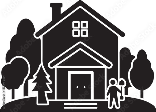 Residential house icon with garden and trees in suburban landscape