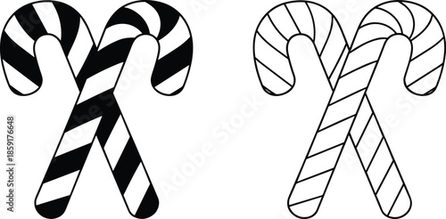 Christmas candy cane vector illustration set, peppermint holiday sweets with stripes, black silhouette and line art icons, winter celebration isolated decorative elements