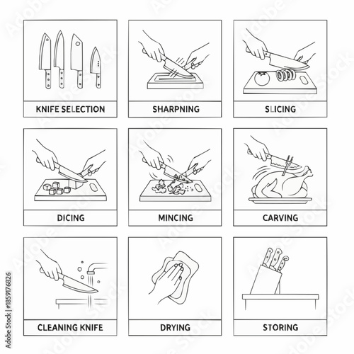 A detailed infographic illustrating the proper techniques for handling and maintaining kitchen knives.