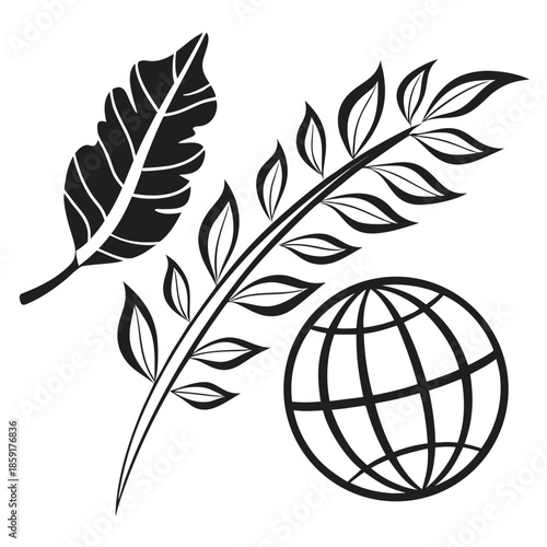 Black and white feather and globe illustration