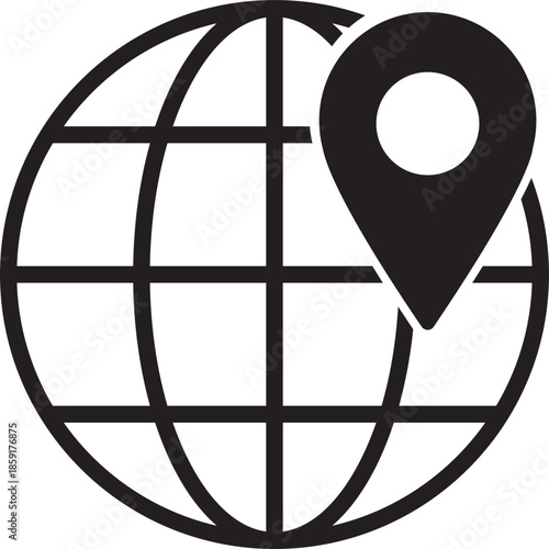 World globe with GPS location pin icon, Global navigation symbol for international travel and tracking, Earth map pointer graphics for web ui and logistics design vector illustration.