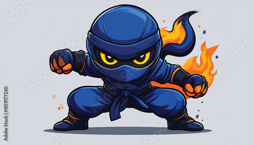 Cartoon Ninja Ready for Action with Fiery Flair.