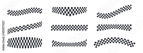 Racing checkered flag ribbons in various shapes. Black and white stripe patterns for motorsport finish line designs. Speed circuit banner elements. Vector graphic set.