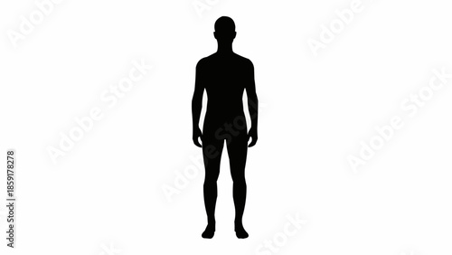 Silhouette of a man standing facing forward isolated on white background.